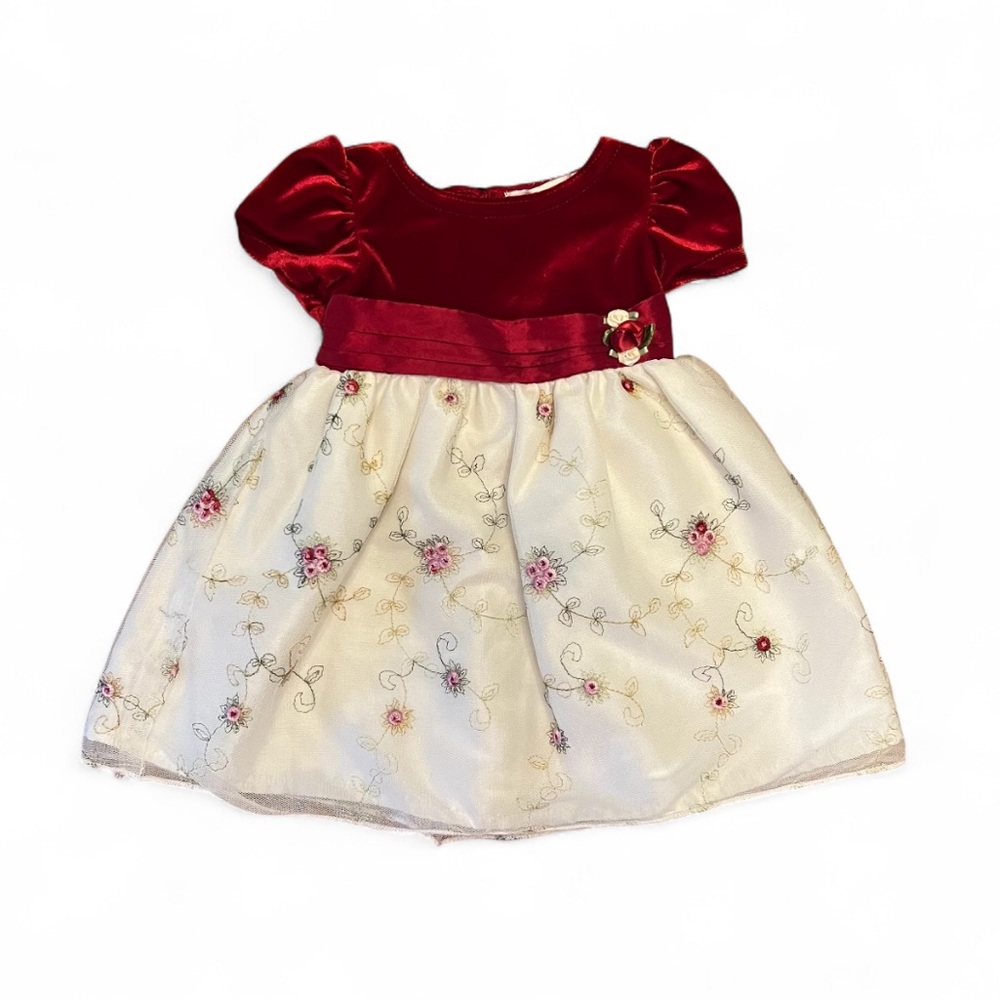 Red and Cream Floral Embroidered Baby Holiday Dress